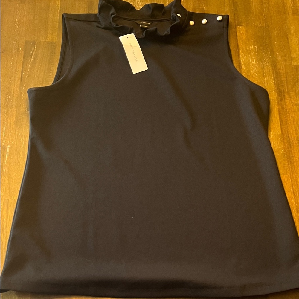 Ann Taylor Black Ruffle Neck Tank Pearl  Top small new